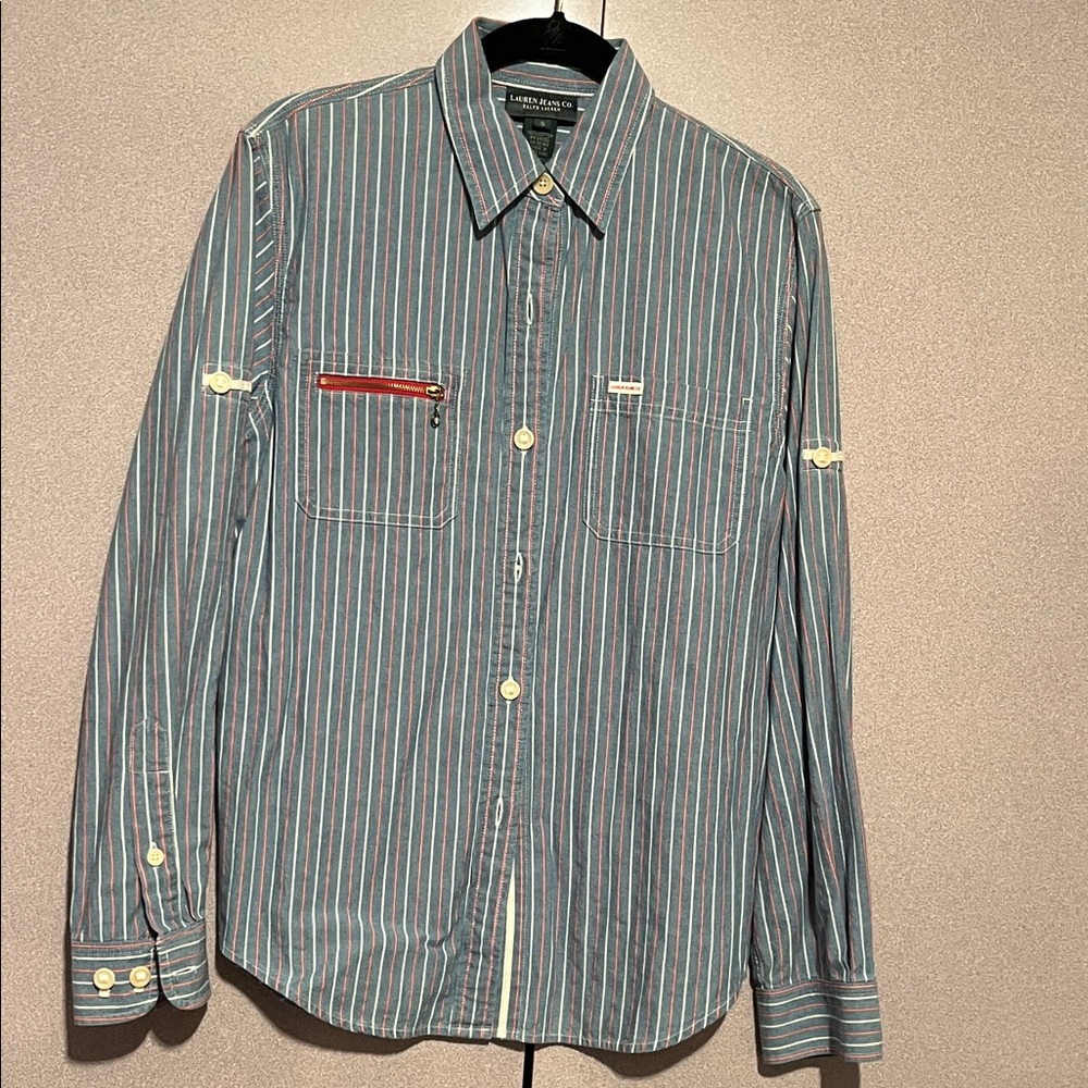 Striped Button-Down Shirt with Red Accent
